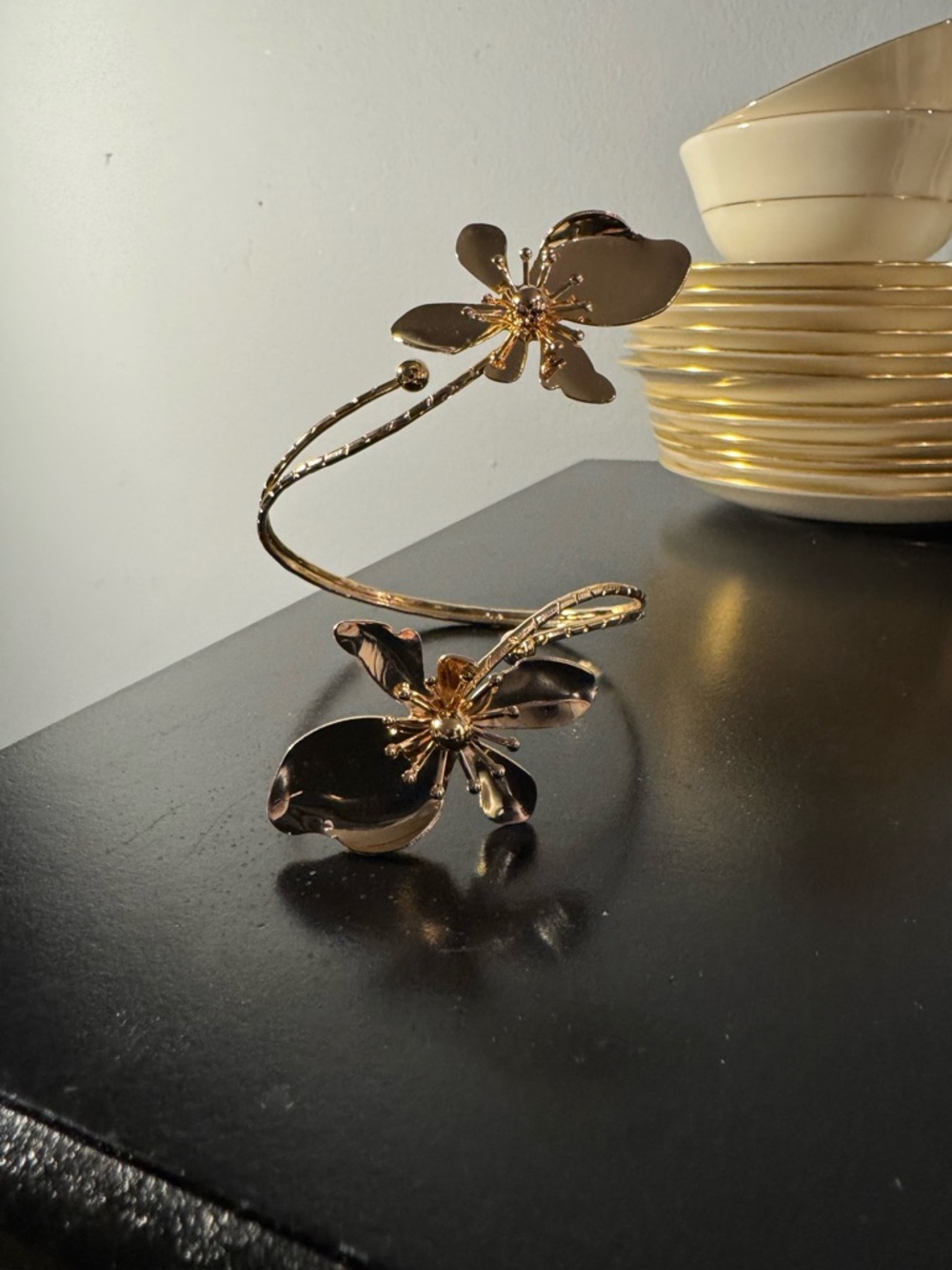Gold Floral Spiral Open Cuff Bracelet